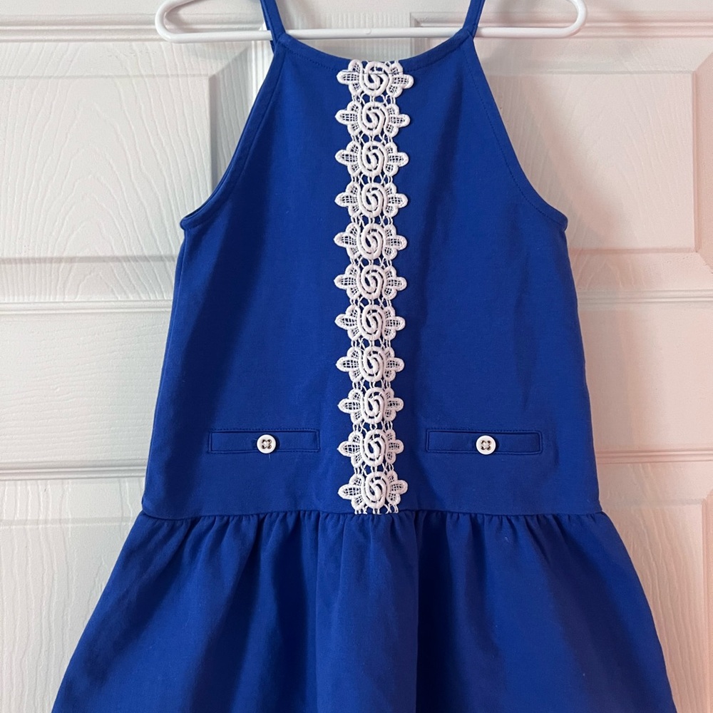 Janie and Jack Blue and White Drop Waist Dress with Lace Detail Size 3T